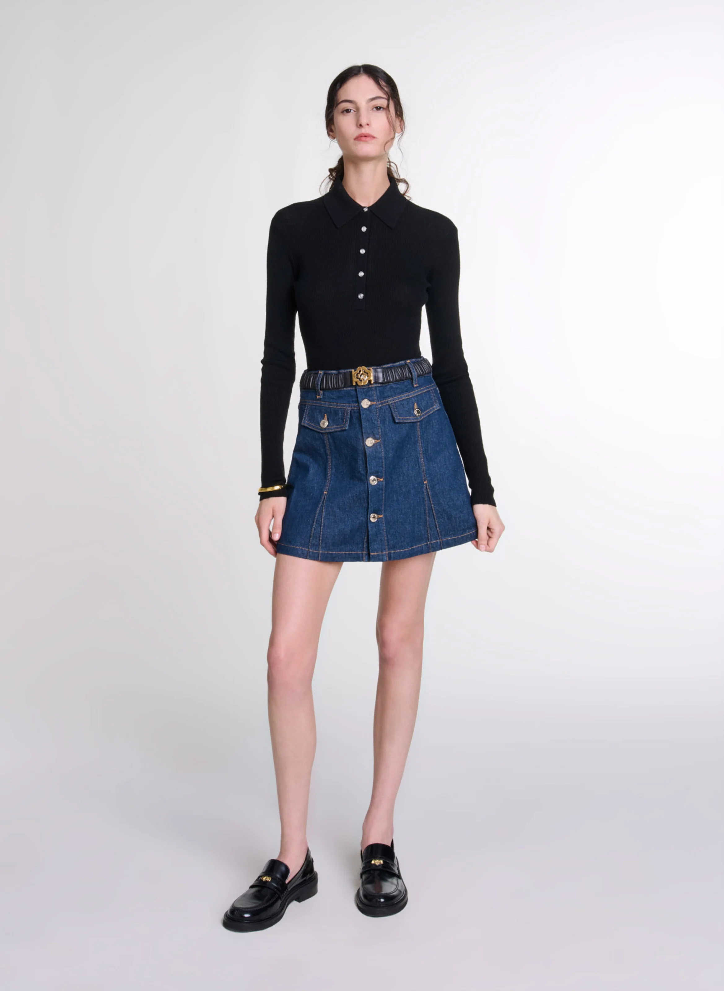 Body col polo en laine mélangée | Noir