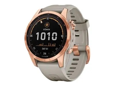 [OUTLET] - Garmin fenix 7S Solar - 42 mm - roseguld - sportsur med bånd - silikone - lyst sand - håndledsstørrelse: 108-182 mm - display 1.2
