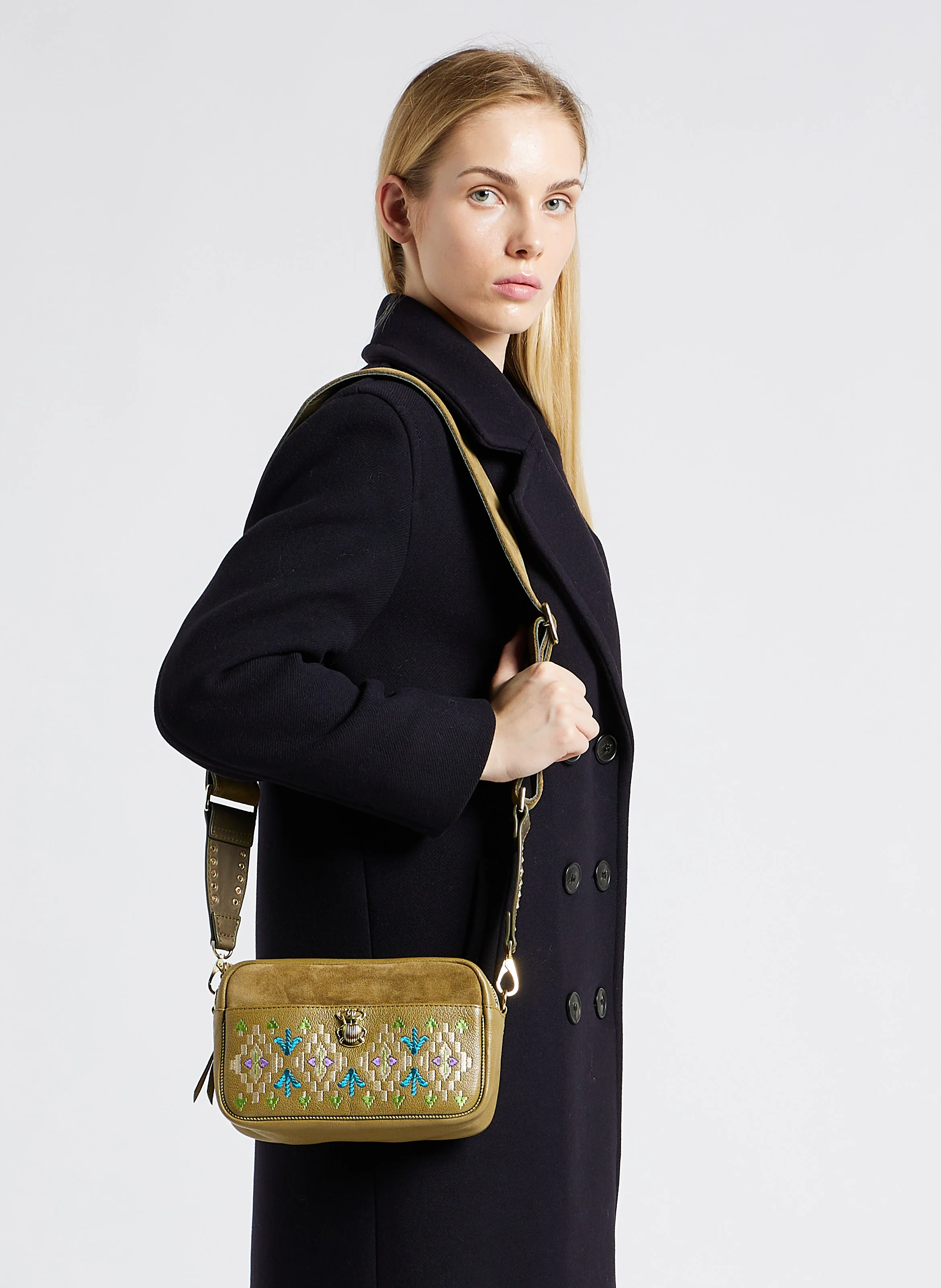 LILY - Sac bandoulière en cuir brodé | Kaki