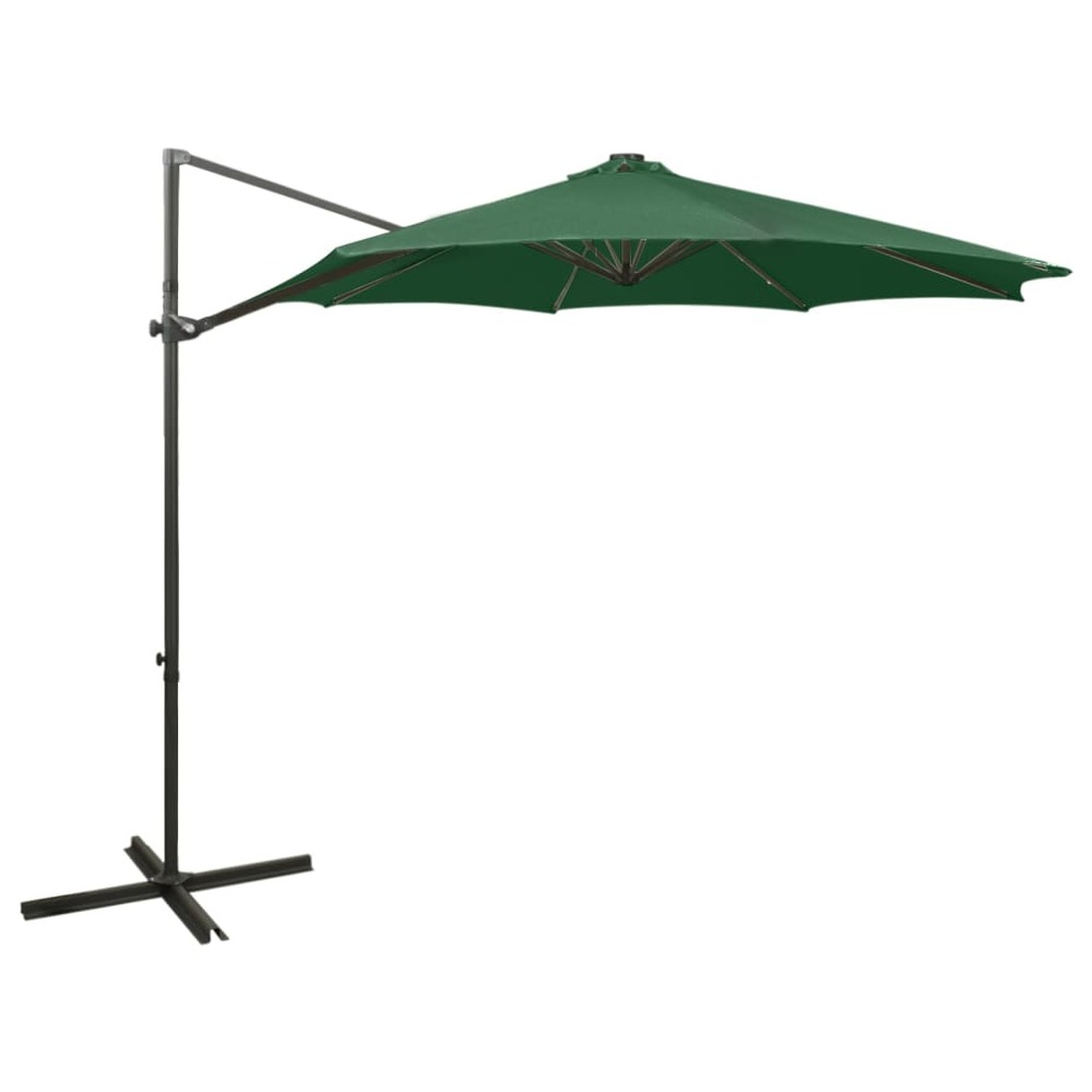 Parasol meuble de jardin déporté avec mât et lumières led 300 cm vert