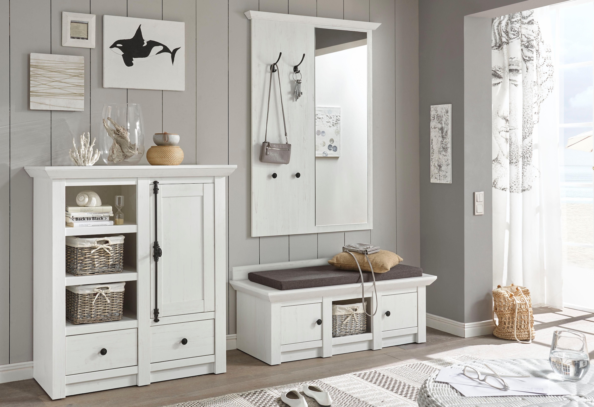 Home affaire Garderobenpaneel »California, Wandregal mit Spiegel, Flurgarderobe mit vier Haken« mit Spiegel «California» 105 cm breit