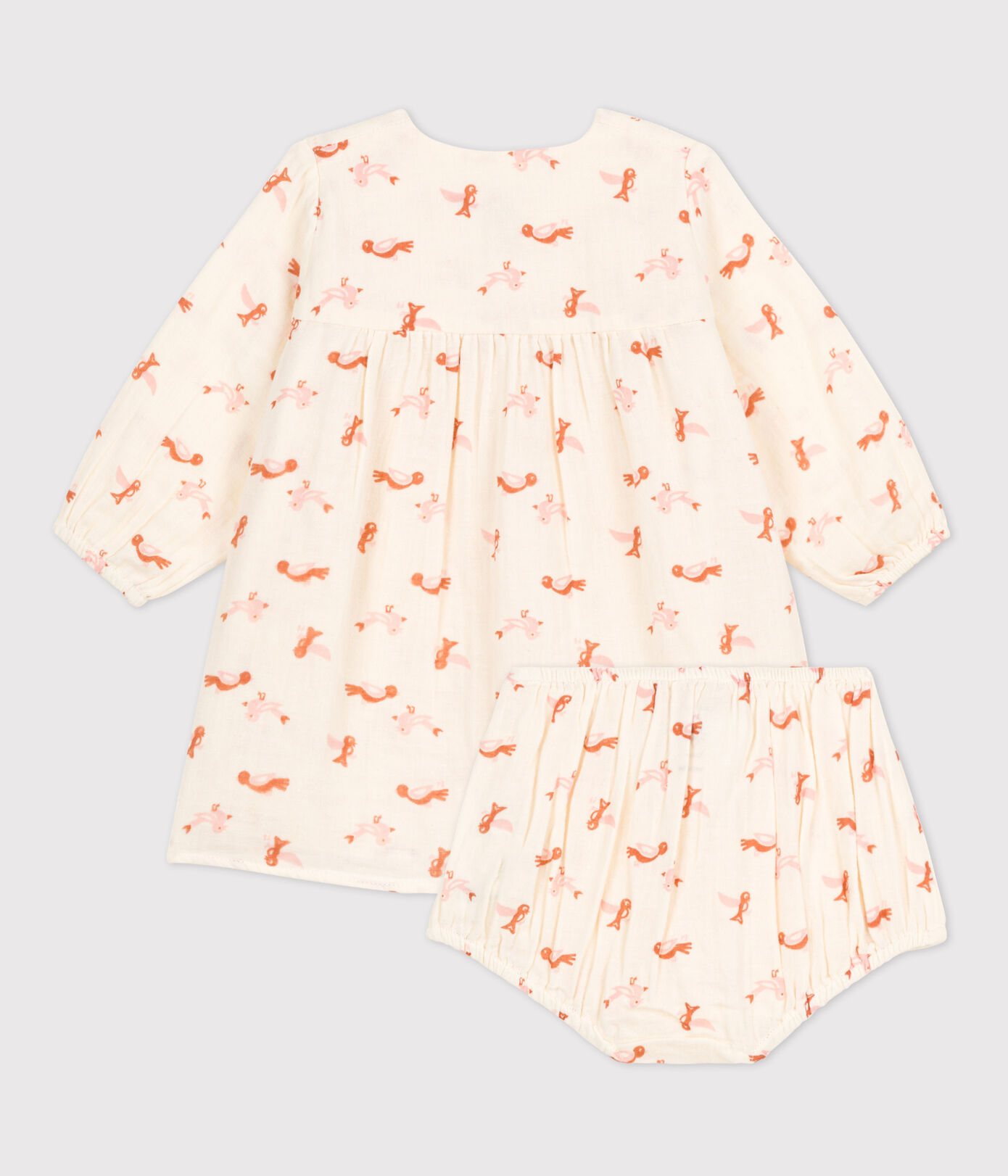 Robe et bloomer bébé imprimés oiseaux en gaze de coton
