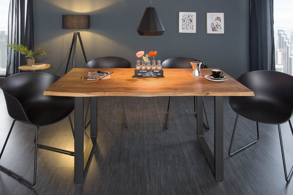 Massivholz Esstisch MAMMUT 140cm Wild-Akazie Baumkante Industrial Design 2,6cm Tischplatte