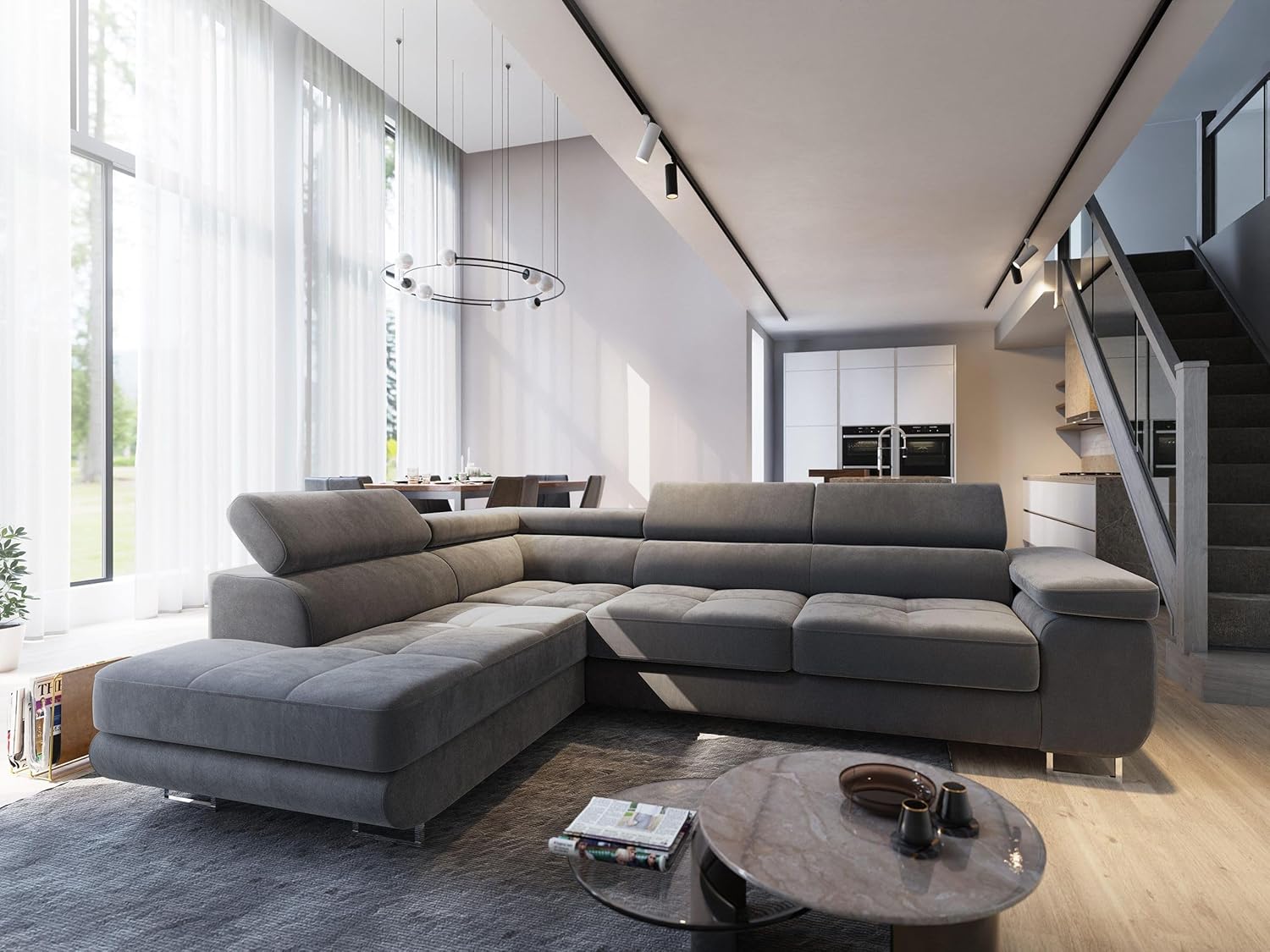 Masseno Ecksofa Selva L-S mit Schlaffunktion L-Form, Glamour Sofa mit Bettkasten, Wohnzimmersofa, Couch, Soffa, Bettsofa, Couchgarnitur - Grau, Monolith 85