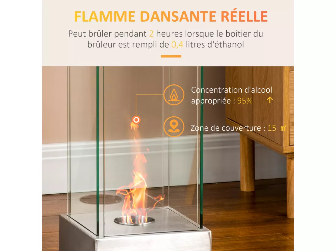 Cheminée portable à poser bioéthanol avec réservoir 0,4 L couverture 15 m² - dim. 25L x 25l x 60H cm