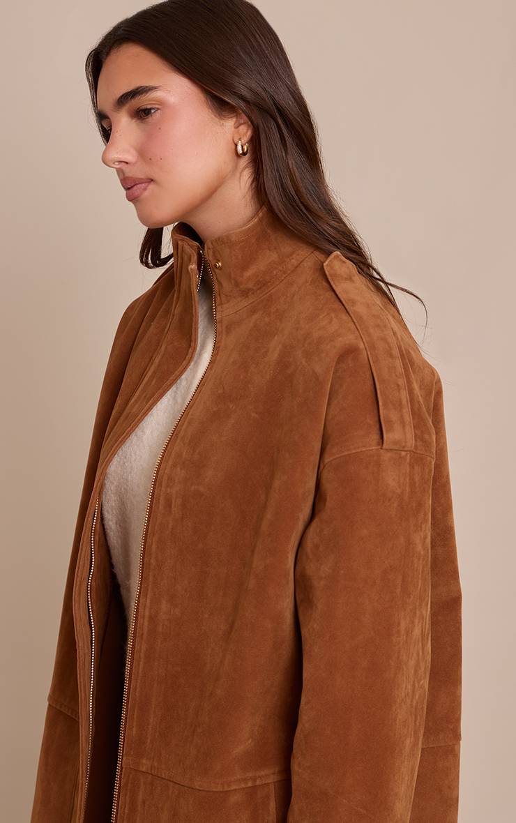 Marron Veste Longue En Daim À Col Montant Et Patte De Boutonnage Dissimulée