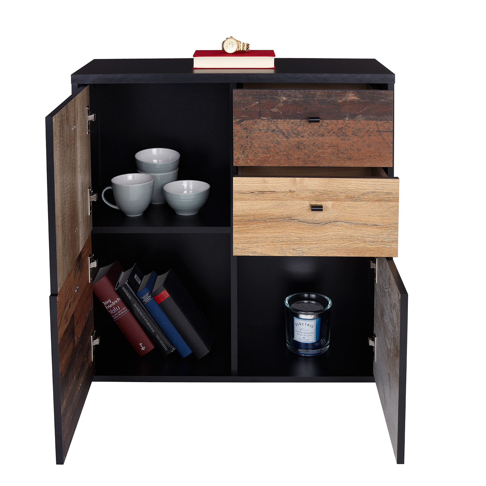 Kommode - Eiche-Pinie-schwarz - 77 cm breit