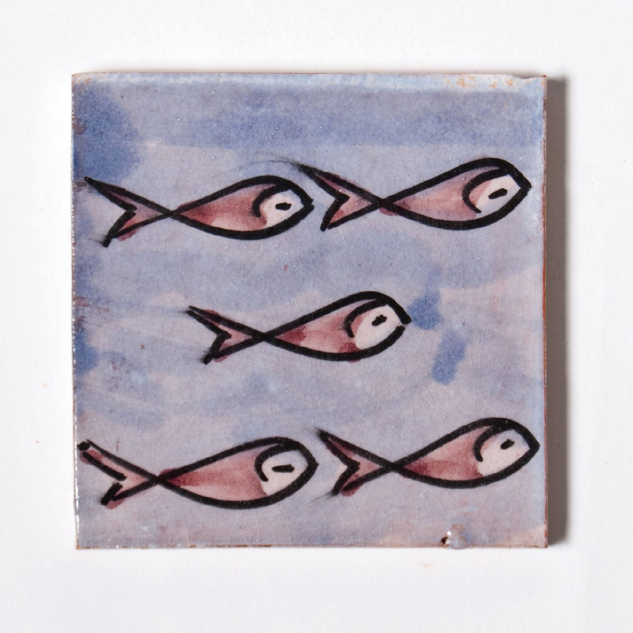 handglasierte Kachel 'poissons rouge', blau, rot, L 10 cm, B 10 cm, H 1cm von fischer's lagerhaus