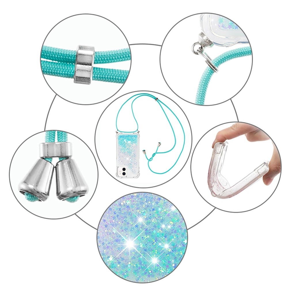 iPhone 12 / iPhone 12 Pro Necklace Gummi Hülle Liquid Glitzer   Handykette (130cm) - Türkis