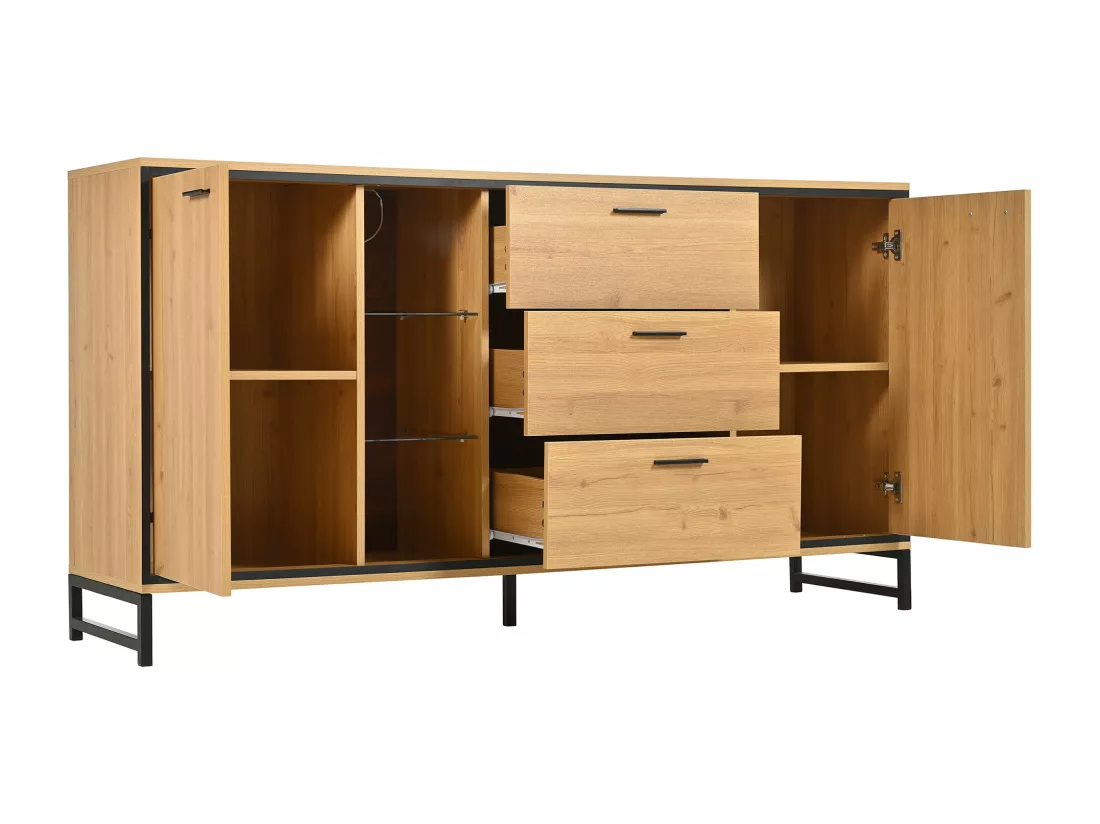 Buffet bas avec LED - 3 tiroirs & 2 portes & 3 étagères - Naturel