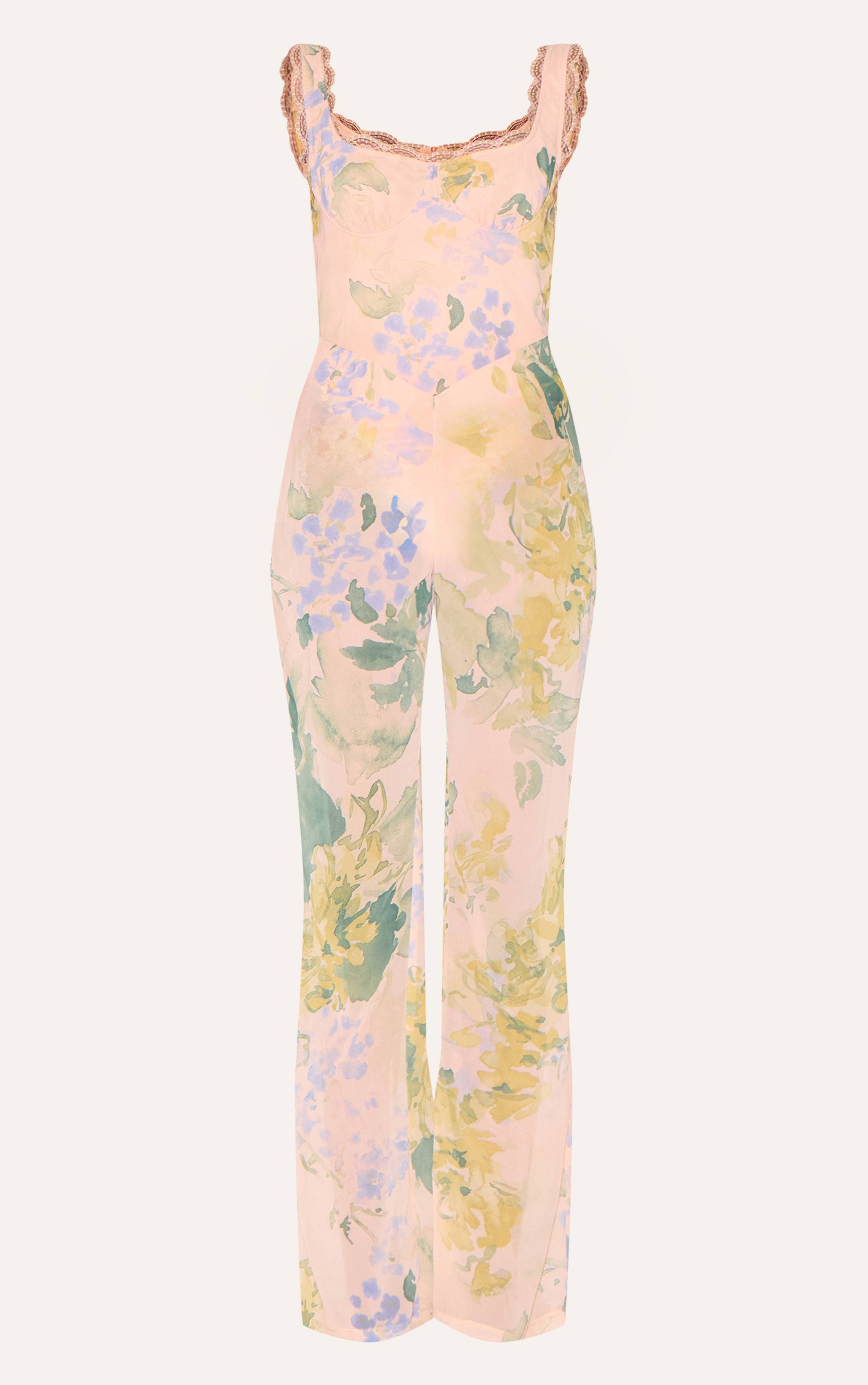 Rose Combinaison Évasée En Mousseline À Imprimé Floral Avec Détail Corset