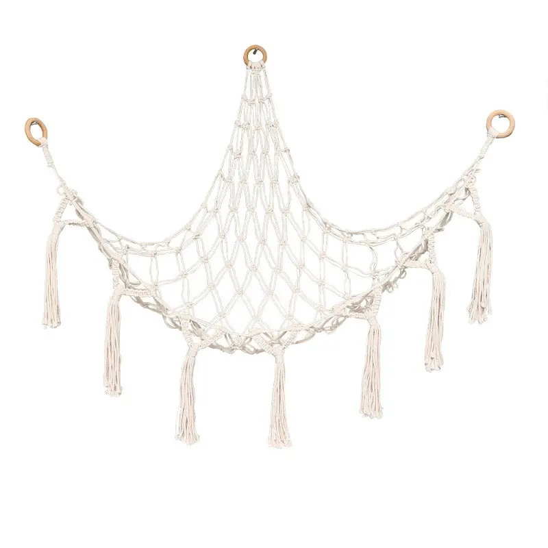 (135x80cm) Boho Spielzeug Hängematte Makramee Kinderzimmer Stofftier Organizer Hygge Lifestyle Netz mit Quasten - Weiss
