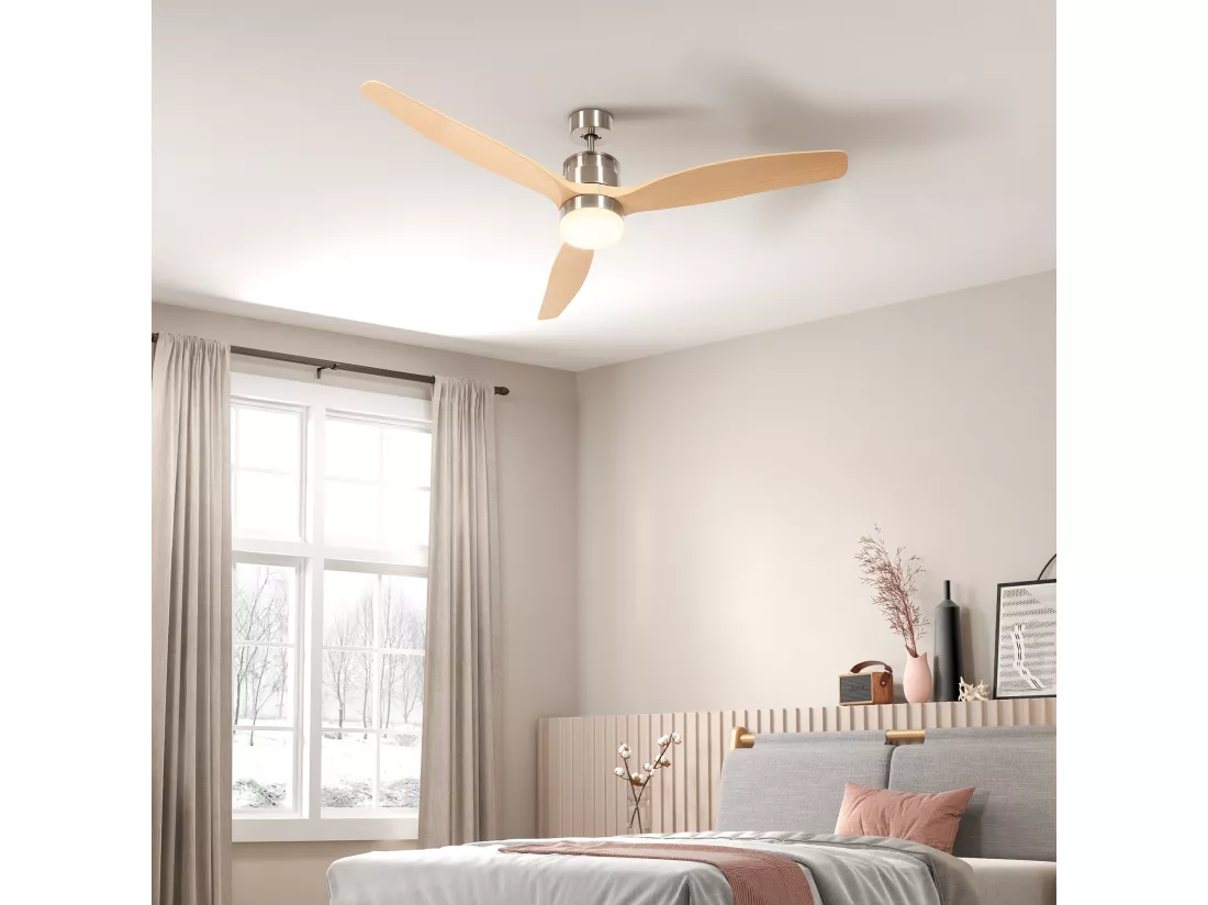 Ventilateur de plafond réversible avec lumière LED 6 vitesses silencieux - télécommande - dia. 132 cm - naturel