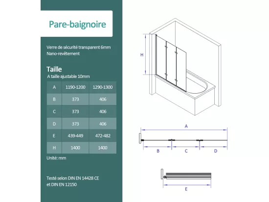 EMKE Pare-baignoire paroi de douche pour baignoire noir mat 3 parties pliable 130x140cm pare-baignoire 6mm NANO GLASS