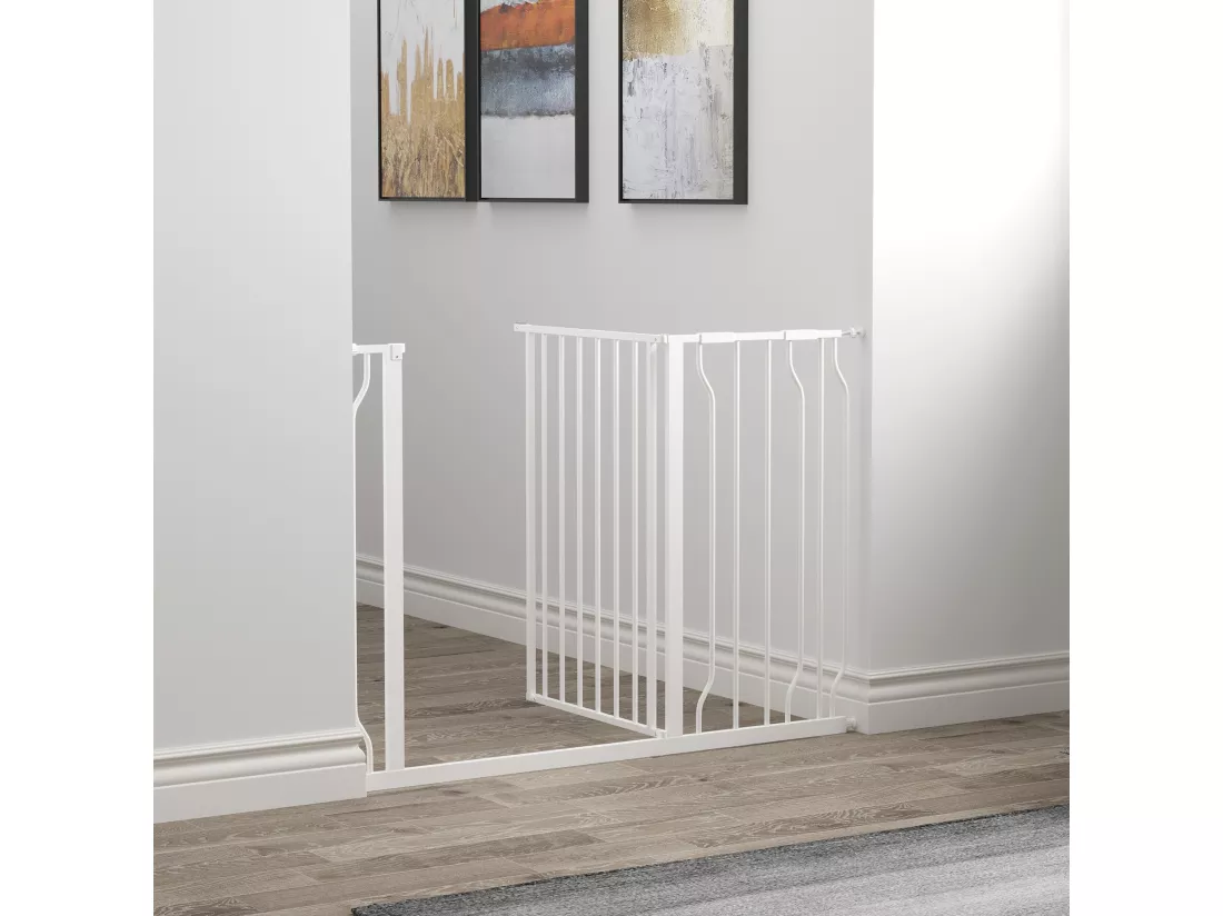 Barrière de sécurité barrière pour animal domestique longueur réglable barrière escaliers couloirs portes sans perçage en acier et ABS dim. 75-115L x 76H cm blanc