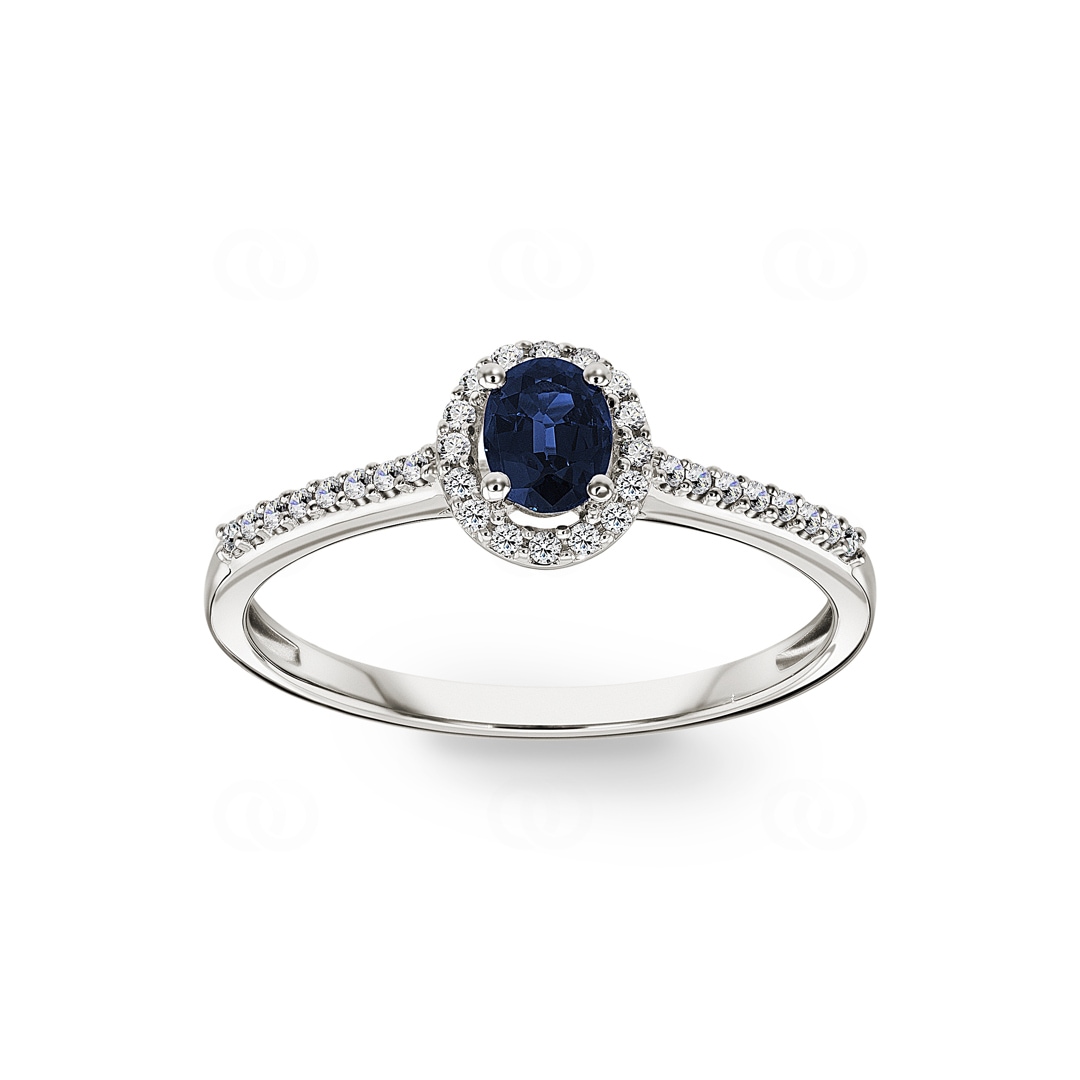 Damenring 750/18 K Weissgold mit Saphir oval und Diamanten 0.12 ct H/si