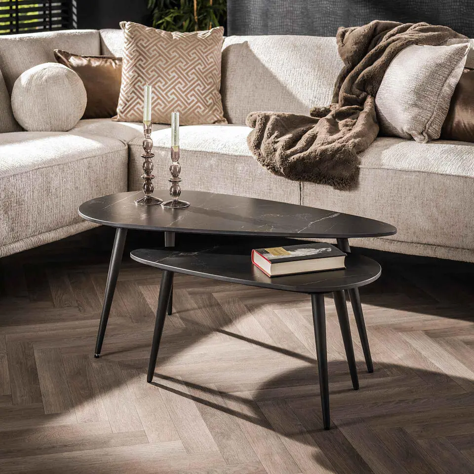 Salontafel Kiezelvormig - Zwart Keramiek - Set Van 2