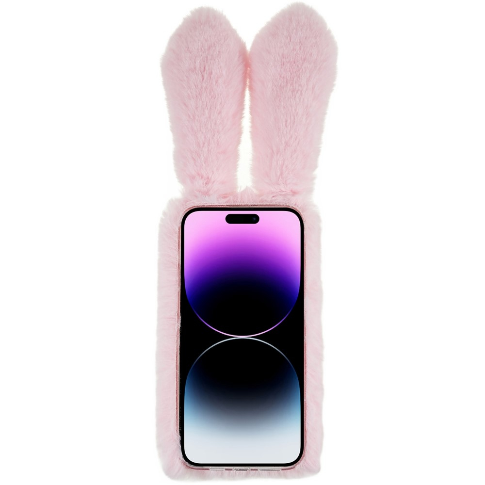 iPhone 14 Pro Max 3D Gummi Plüsch Case Hülle Bunny mit Flauschigen Hasenohren - Rosa