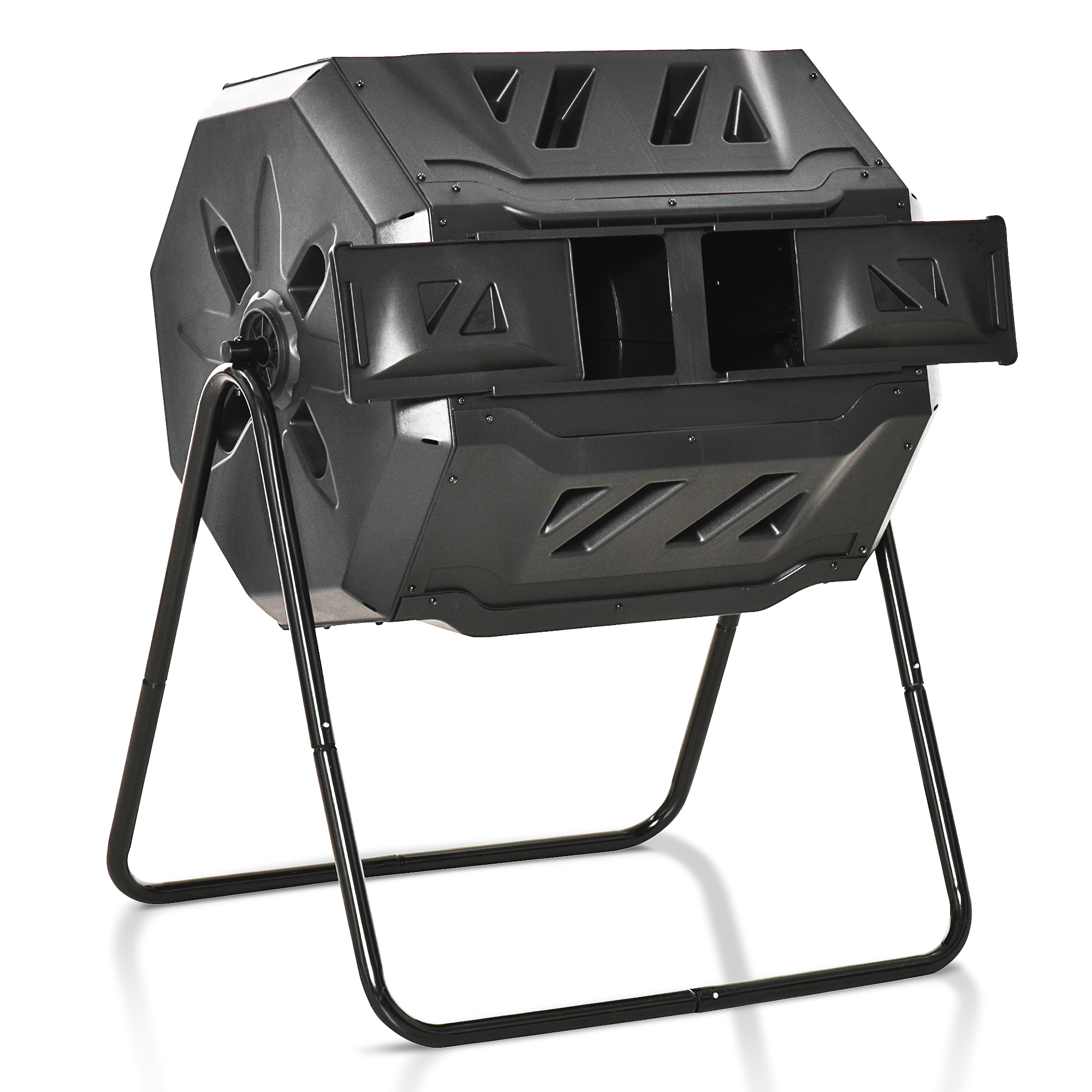 Compostor rotativo de tambor preto Outsunny com recipiente de câmara dupla para jardim.