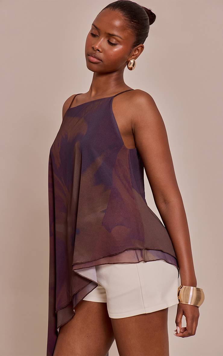 Mauve Top Long Asymétrique À Bretelles En Mousseline Imprimée