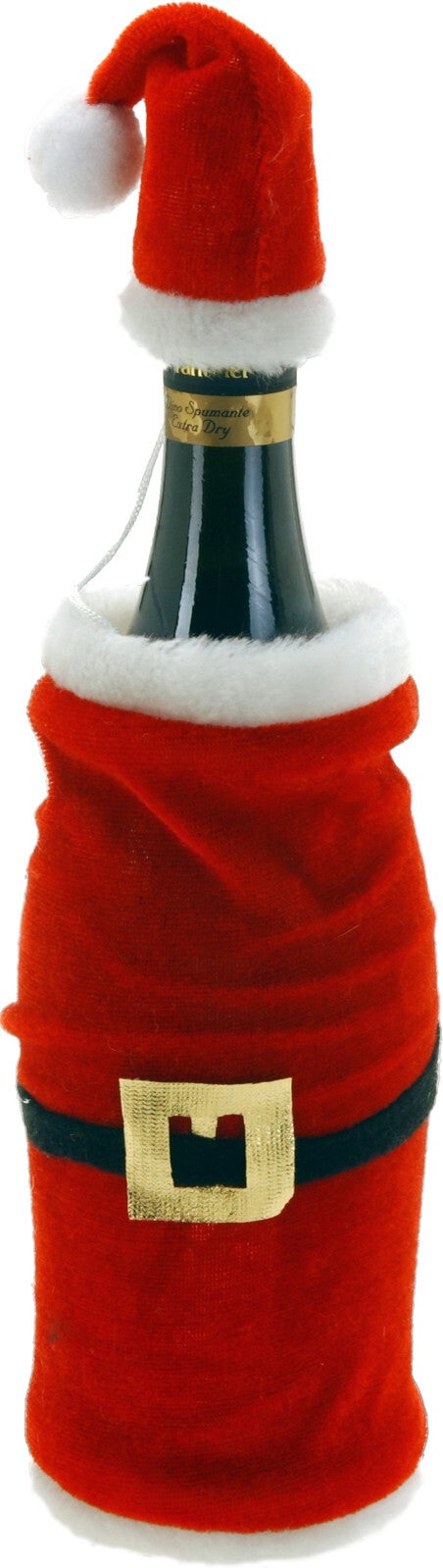 Wijnfles kerstjas en muts rood / wit