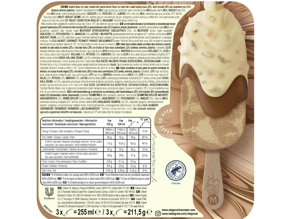 GELADO MAGNUM DOUBLE AVELÃ 3X85ML