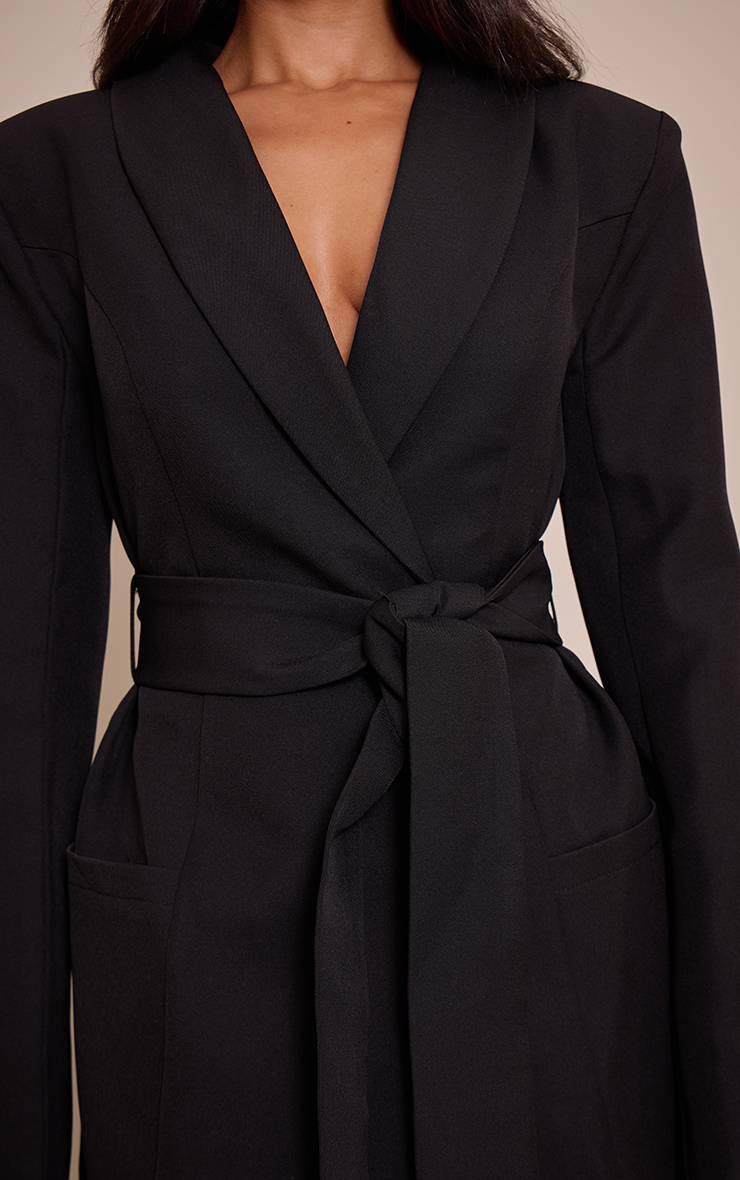 Noir Robe Blazer Cintrée Petite Taille Avec Ceinture À Nouer