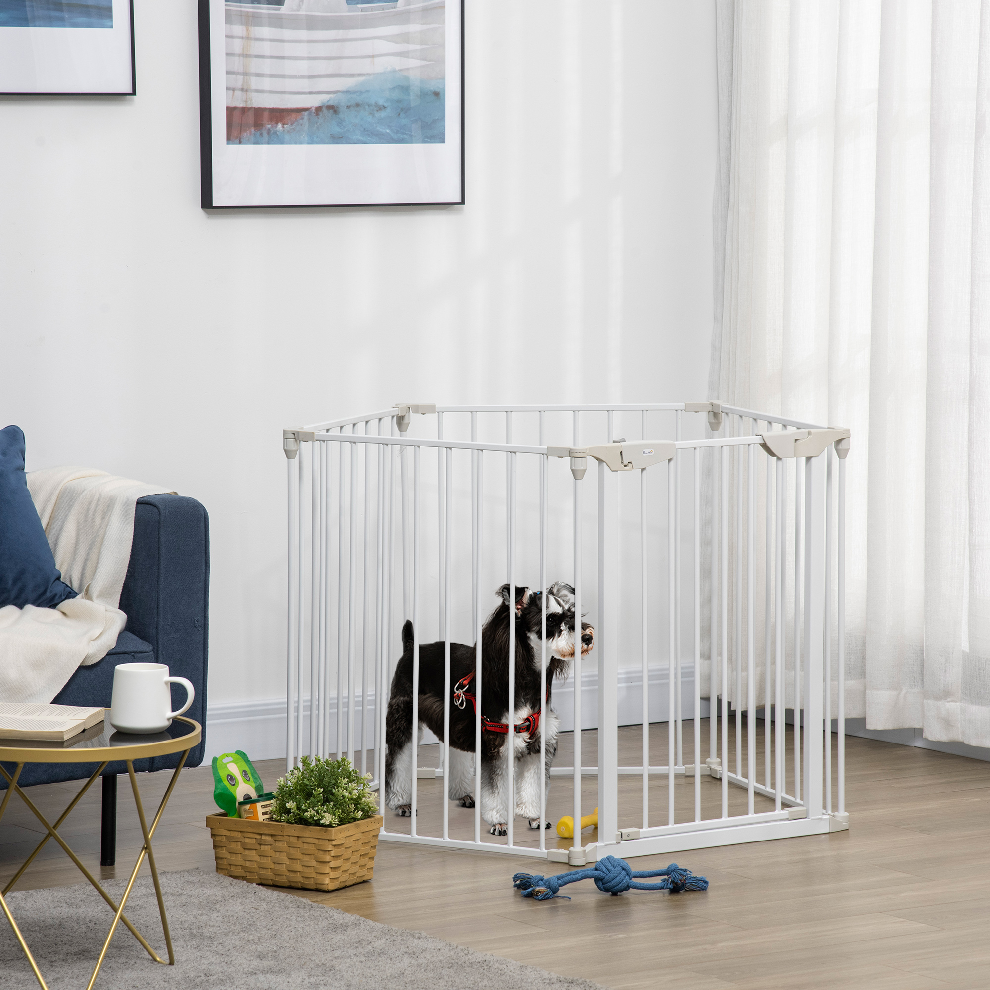 Portão de segurança para animais de estimação PawHut, 300 cm, dobrável, com 5 painéis, para cães, com trava inteligente, ideal para escadas e corredores, branco.
