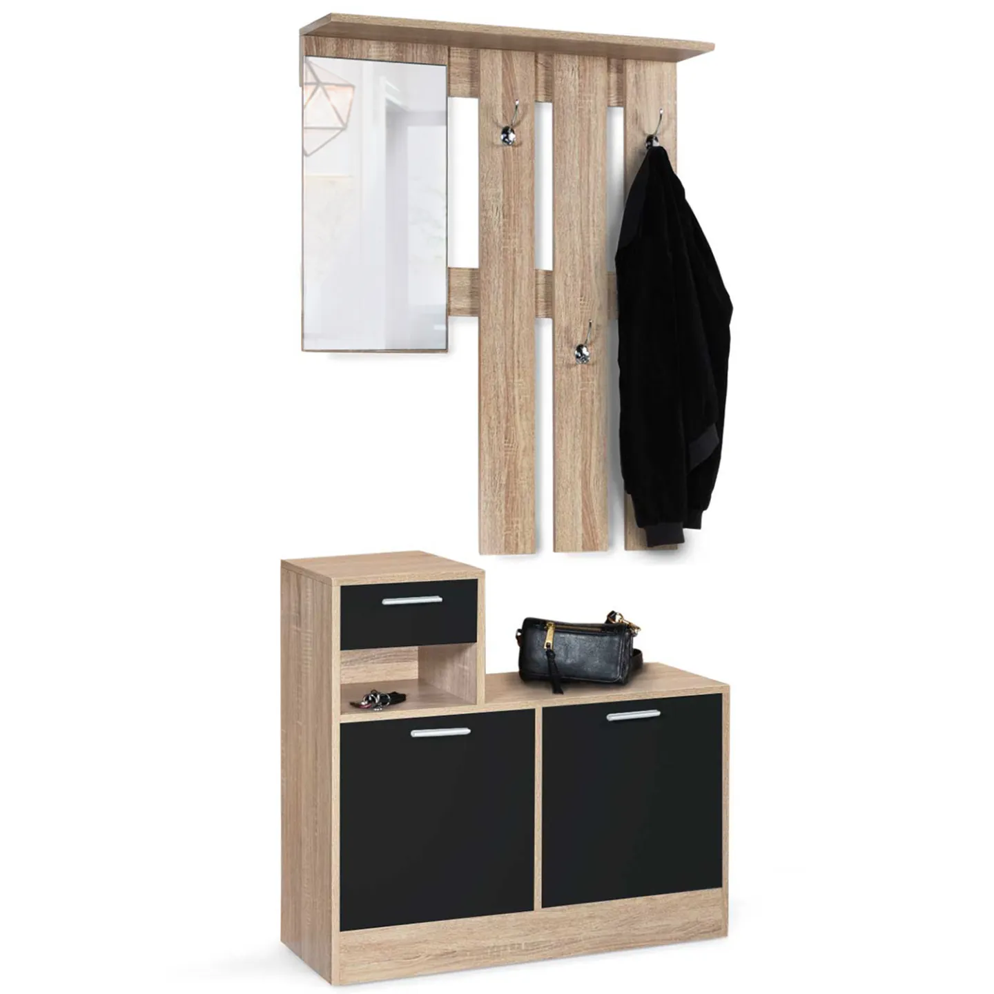 Vestiaire d'entrée avec miroir PAULIN design hêtre portes noires