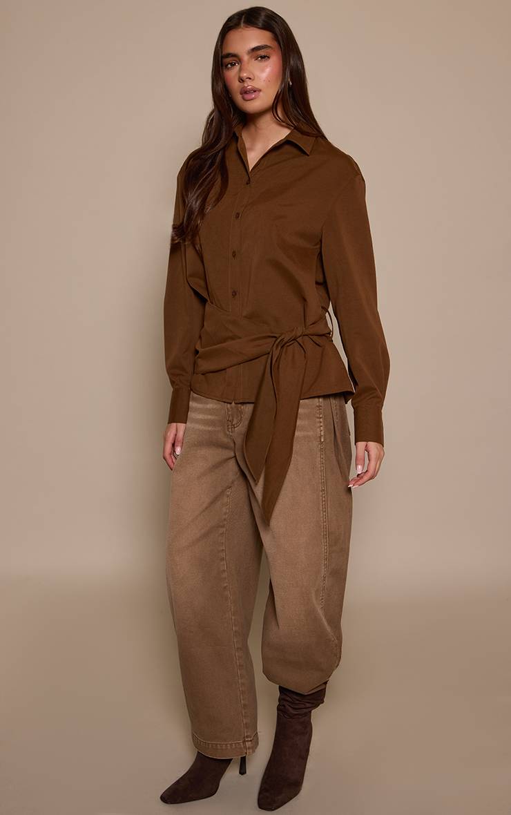 Marron Chemise Oversize À Rayures Avec Taille Nouée