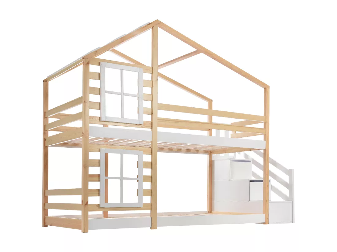 Lit superposé 90x200cm en bois massif - avec barrières anti-chutes et escalier de rangement - Naturel & Blanc