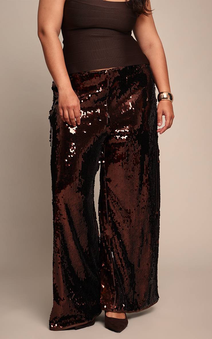 Dark Chocolate Pantalon Large Évasé À Sequins Grande Taille