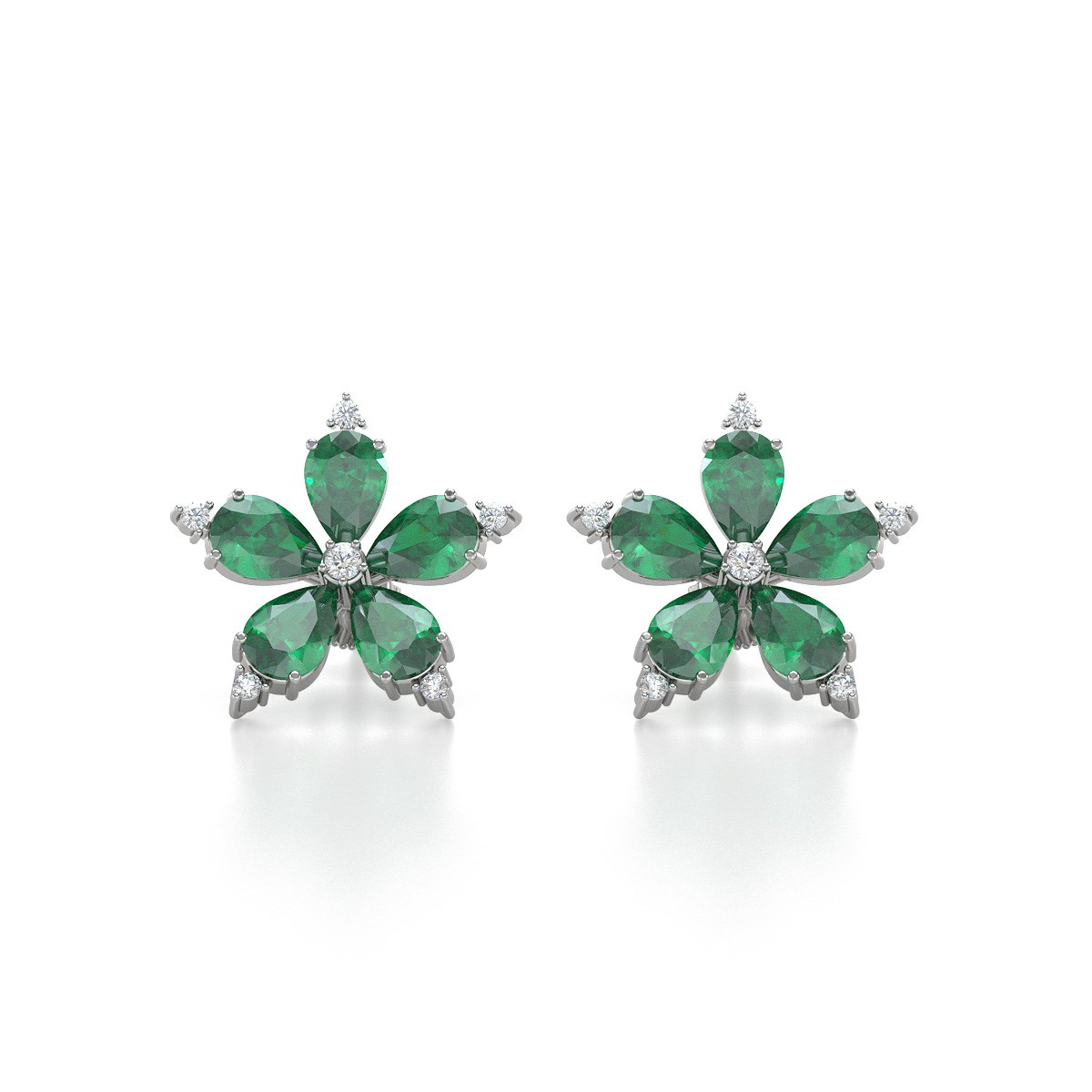 Boucles d'oreilles ADEN Or 585 Blanc Fleur Emeraude et Diamants 4.52grs