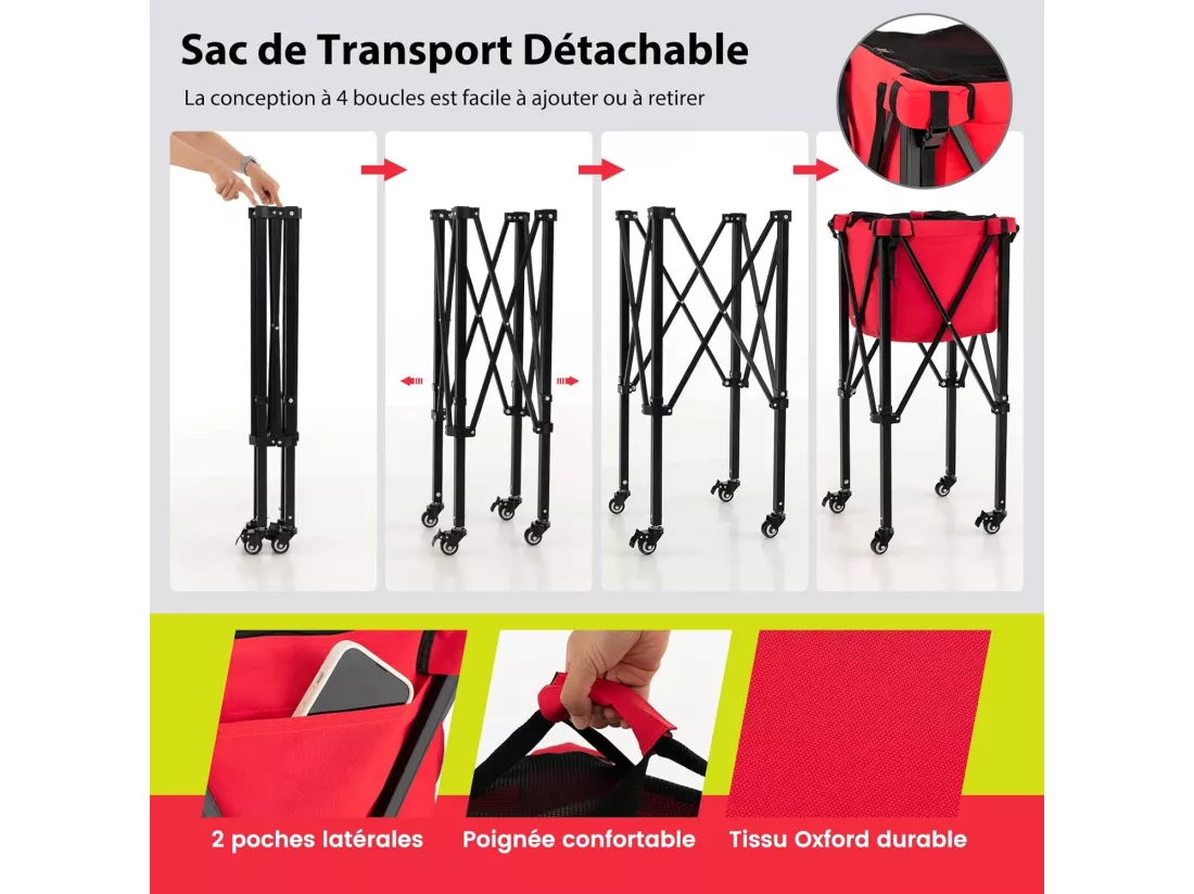 Chariot de Balle de Tennis Pliable avec Sac de Transport, Panier à Balles de Tennis en Aluminium Contient 150 Balles de Tennis avec 2 Roues de Frein Poches Latérales, Rouge