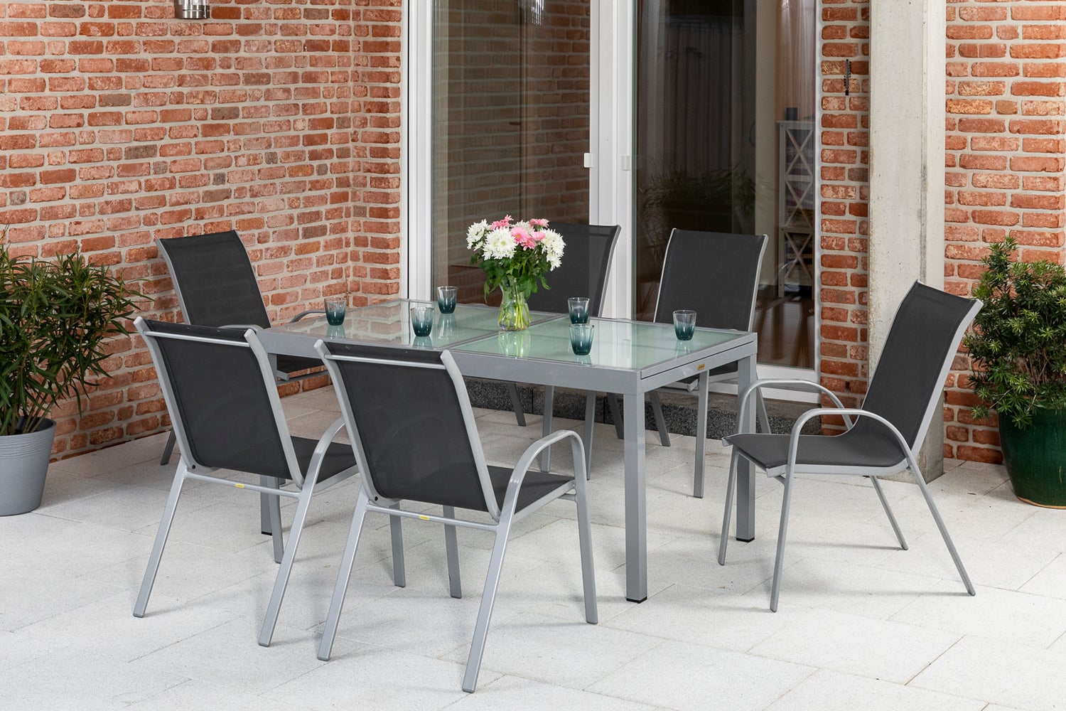 Sorrento 7-delige tuinmeubelset, stapelbare stoelen, uitschuifbare tafel 120 (180) x 90 cm, antraciet