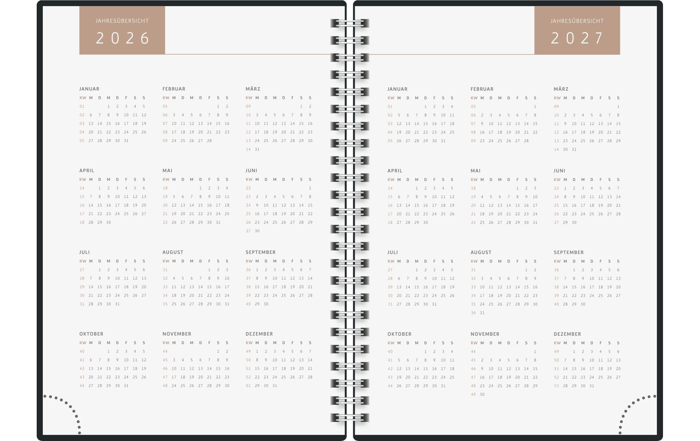 Wochenagenda Design Line Wire 2026Buchkalender mit zwei Seiten je Woche