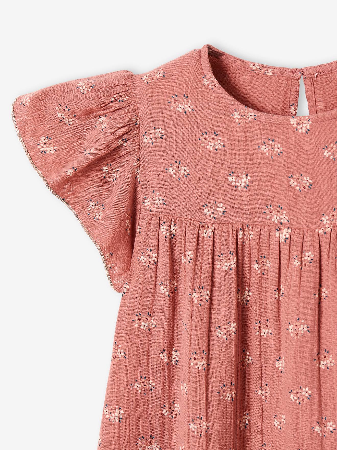 Vestido infantil de chiffon de algodão estampado com mangas borboleta, na cor verde-água.
