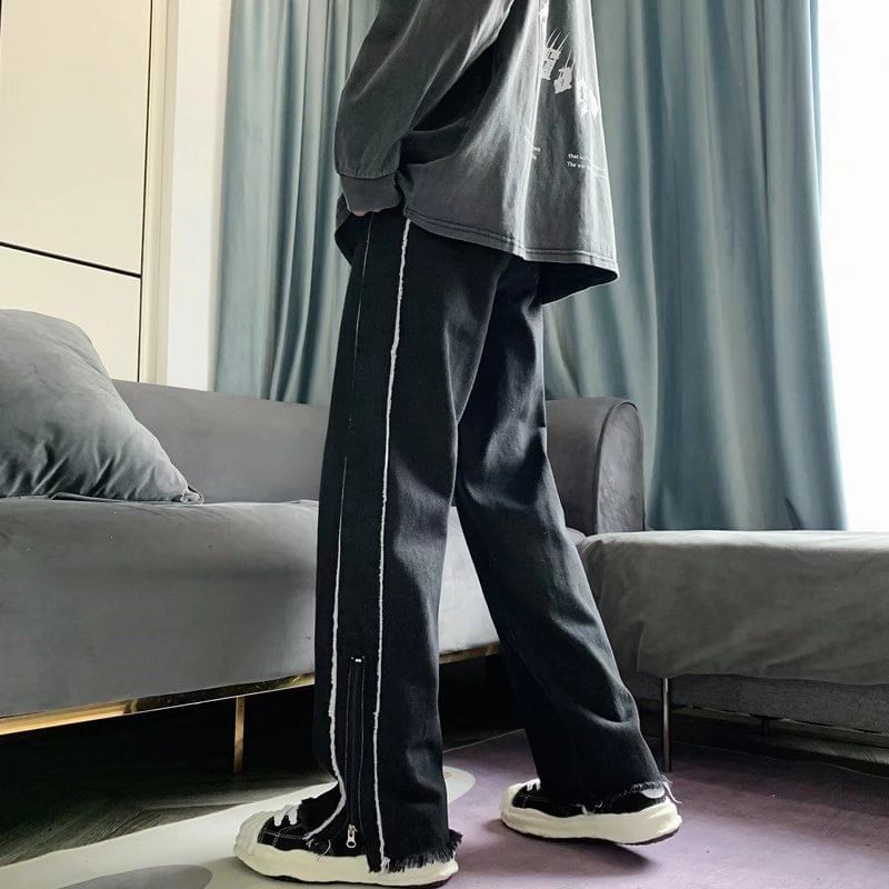 DuckleBeam - Mid Rise Two Tone Franje Loose Fit Jeans