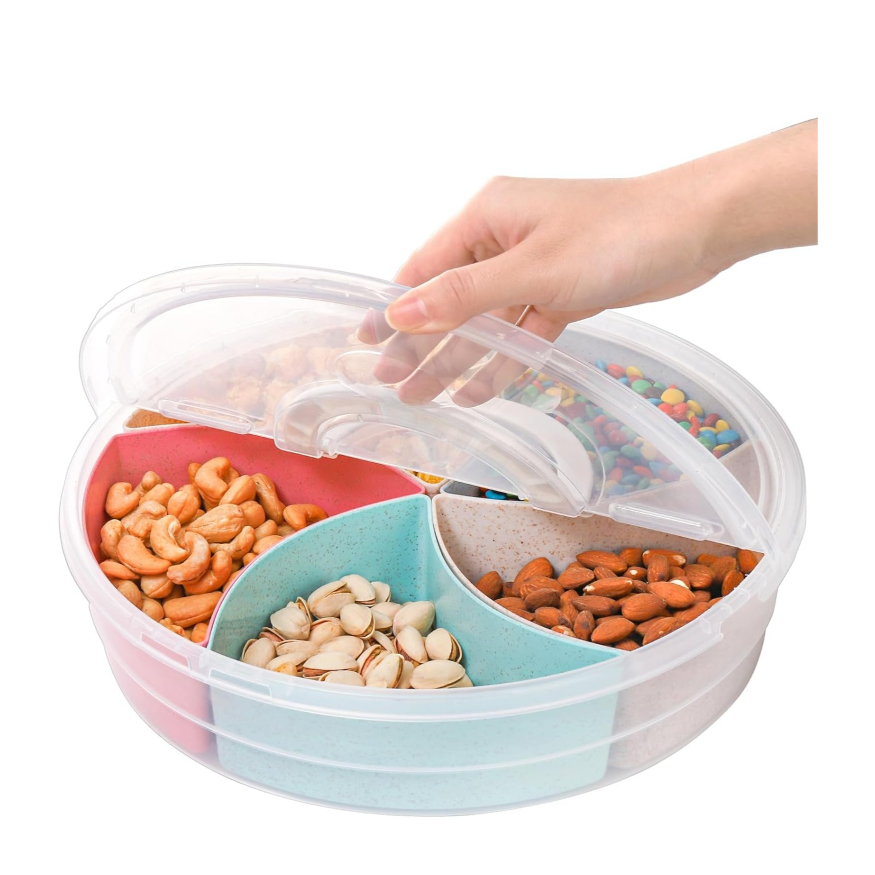 (Ø31x7cm) Party Snack Box Tragbarer Apéro Behälter mit Deckel   Schälchen für Chips / Nüsse / Süssigkeiten - Bunt