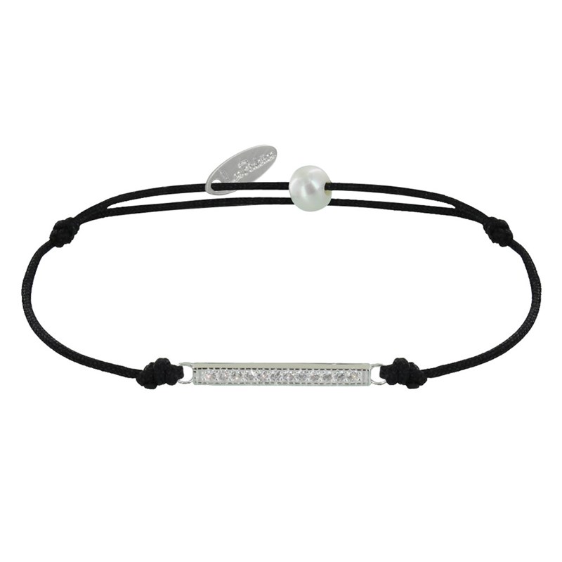 Bracelet Lien Argent Petite Barrette de Strass - Noir
