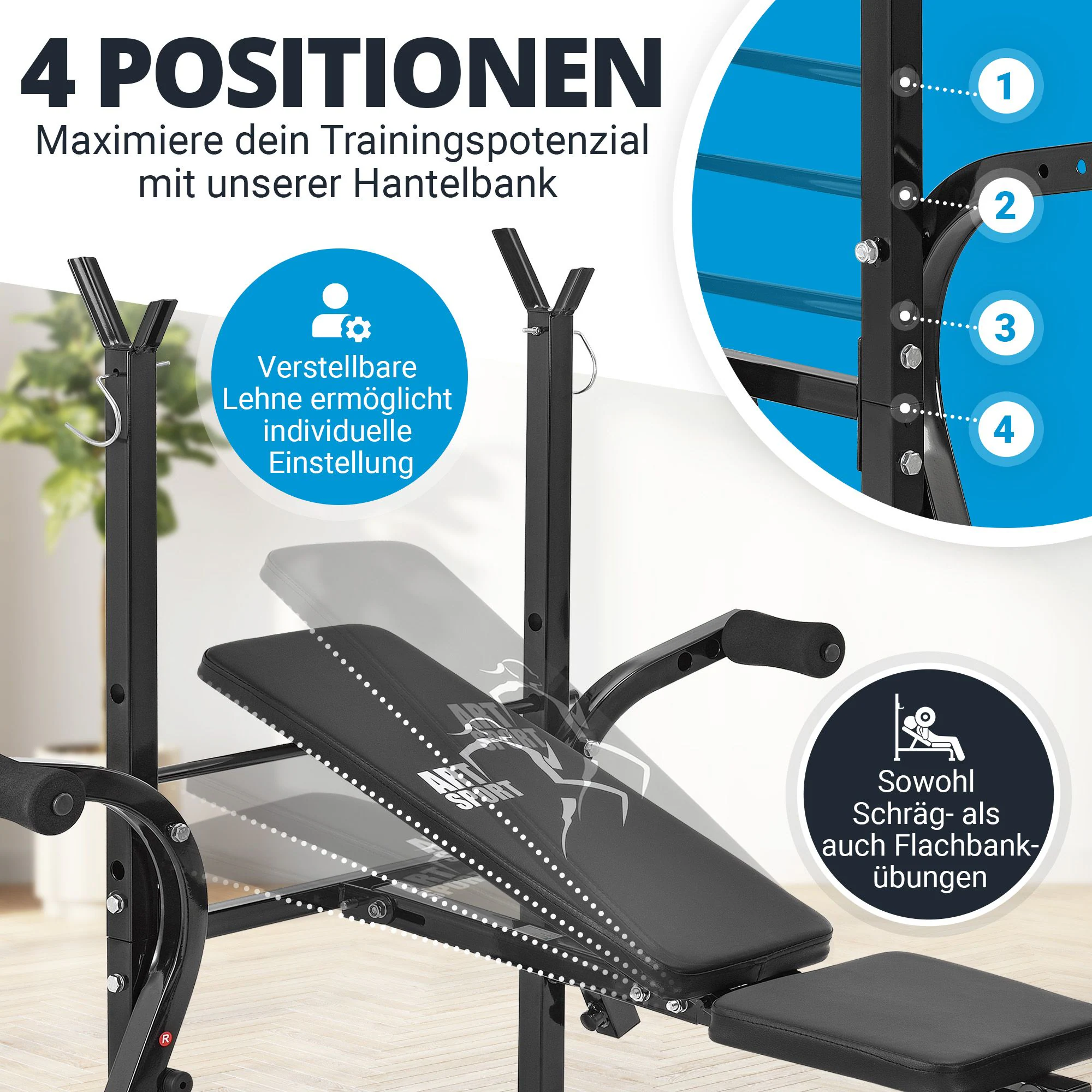 ArtSport Multifunktion Hantelbank ProfiGym 1000 mit Langhantelablage, Beincurler & Butterfly