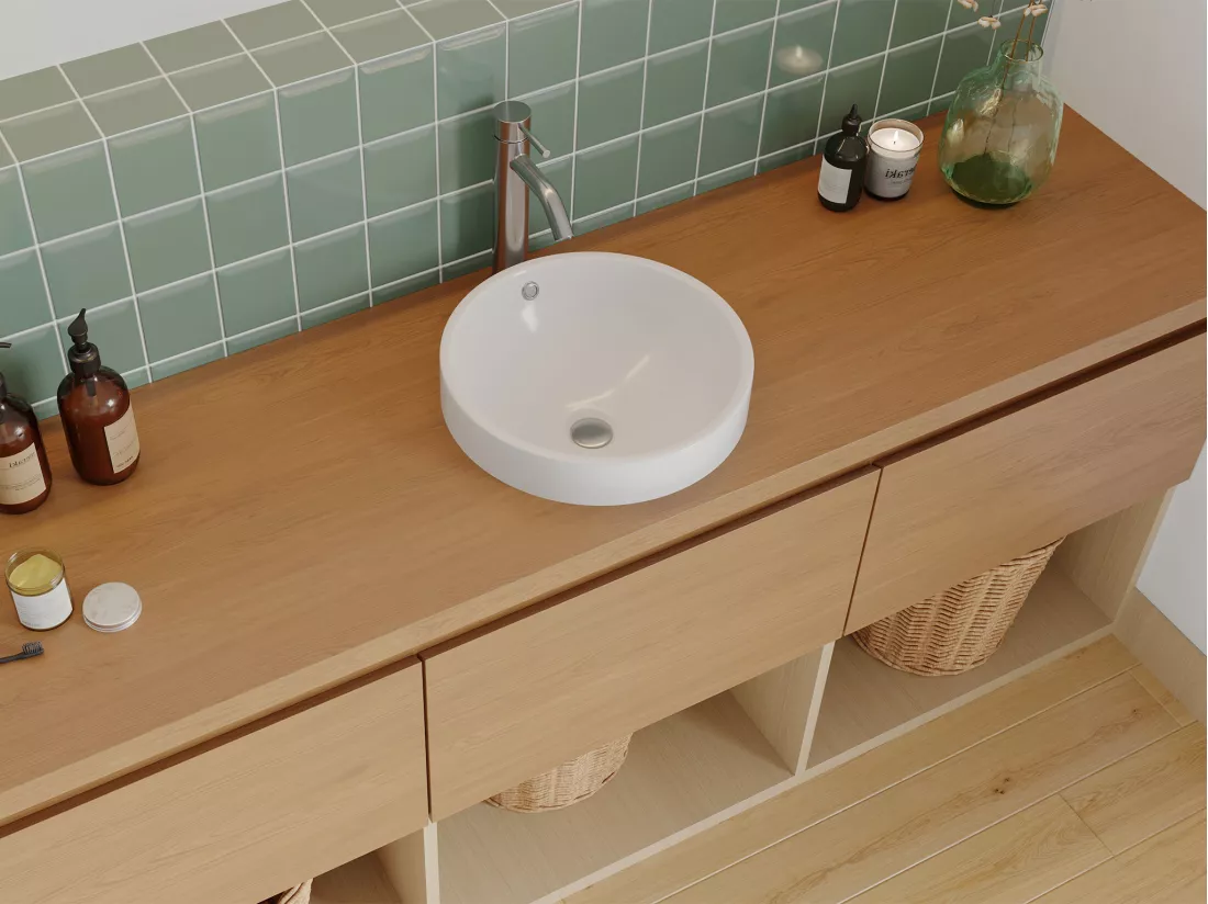 Vasque de salle de bain semi-encastrée ronde en céramique - 46 cm - Blanc - CATONAC II