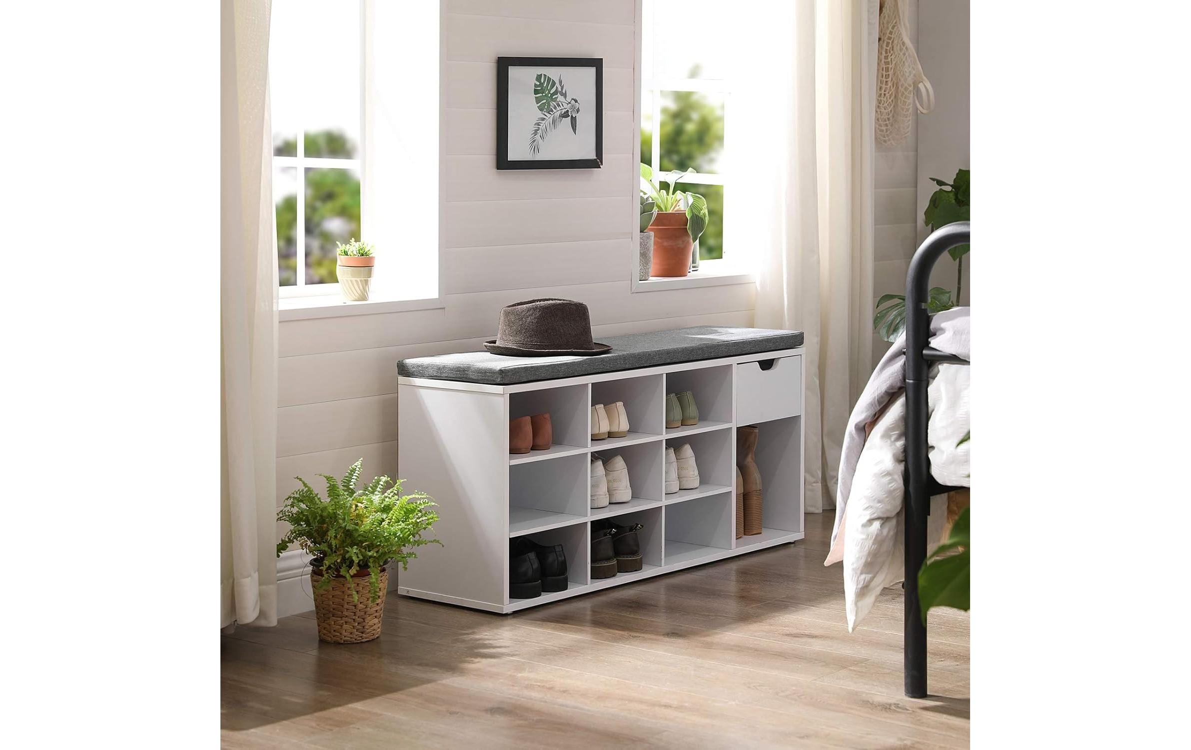 Schuhschrank mit Polster, 104 x 30.5 x 48 cm, Weiss<br>Schuhbank mit 11 Fächer