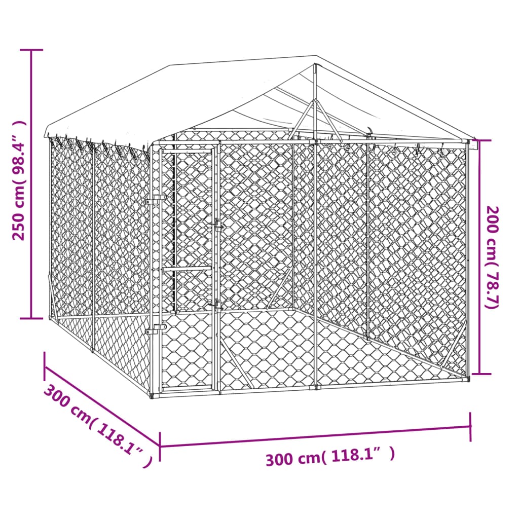 Canil externo para cães vidaXL com telhado, aço galvanizado, prata, 3x3x2,5 m