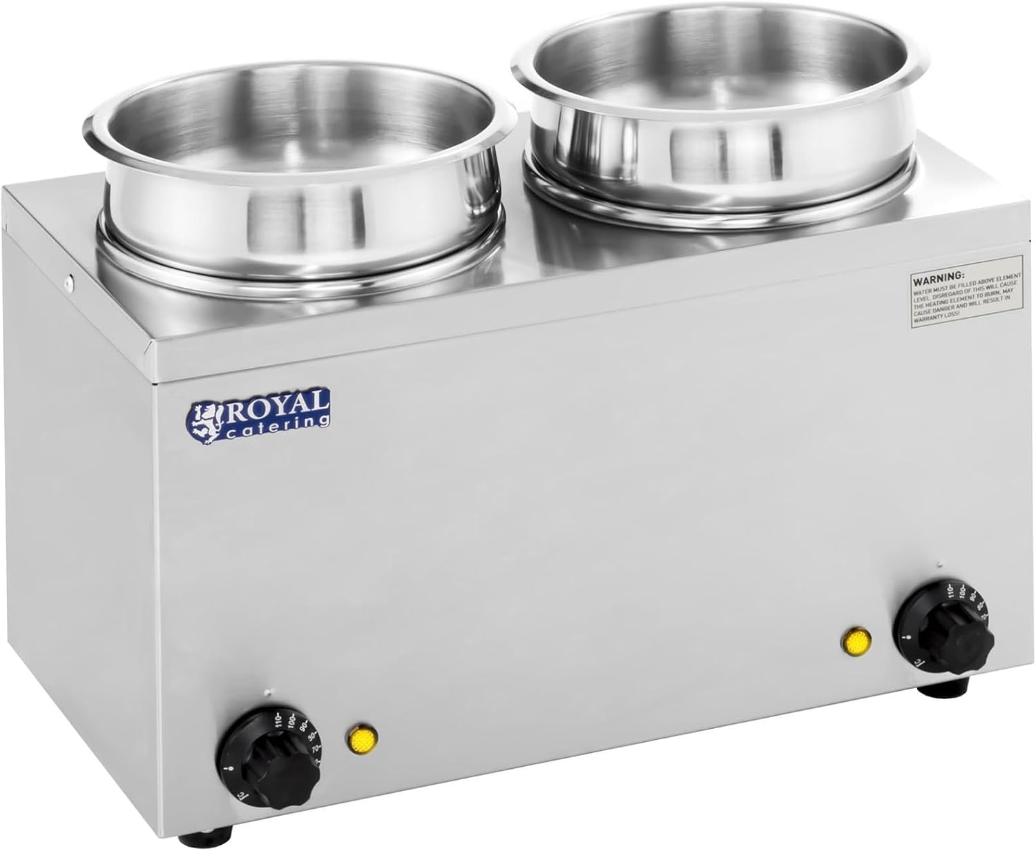 Royal Catering - RCBM-2/4R - Bain Marie Suppenstation Hotpot mit Ablasshahn Chafing Dish (2 x 2,75 L, 30-110 °C, 2 x 150 W, Inklusive 2 Deckel)