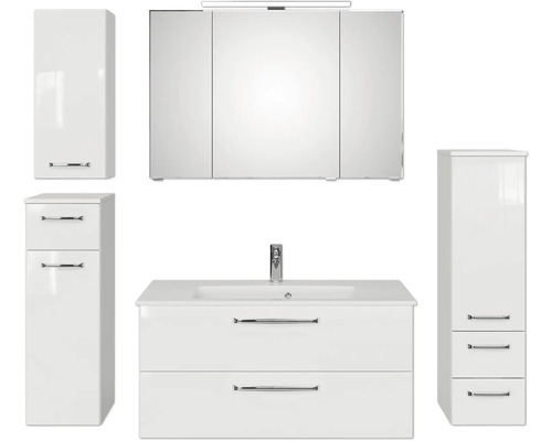 Pelipal Kumba badkamermeubelset (B x H x D 167 x 200 x 50 cm), glanzend witte fronten, 5-delige set inclusief witte mineraalstenen wastafel, halfhoge kast, onderkast en bovenkast (99.1070126093)
