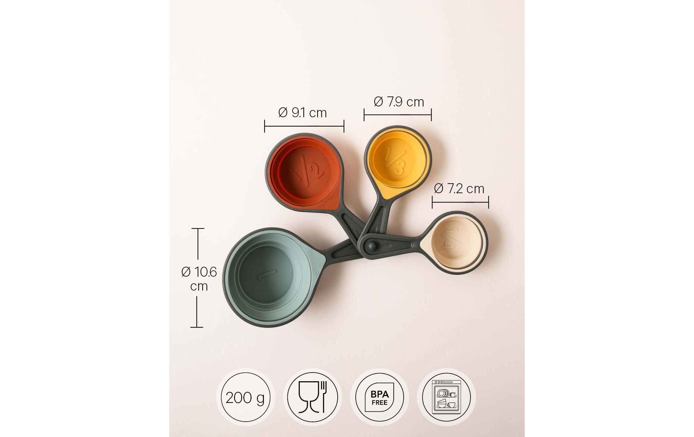 Messbecher 4er Set 1/4 dl bis 1 dl, Mehrfarbig4 in 1 Cup Messbecher Set aus grauem Silikon mit farbiger Innenseite