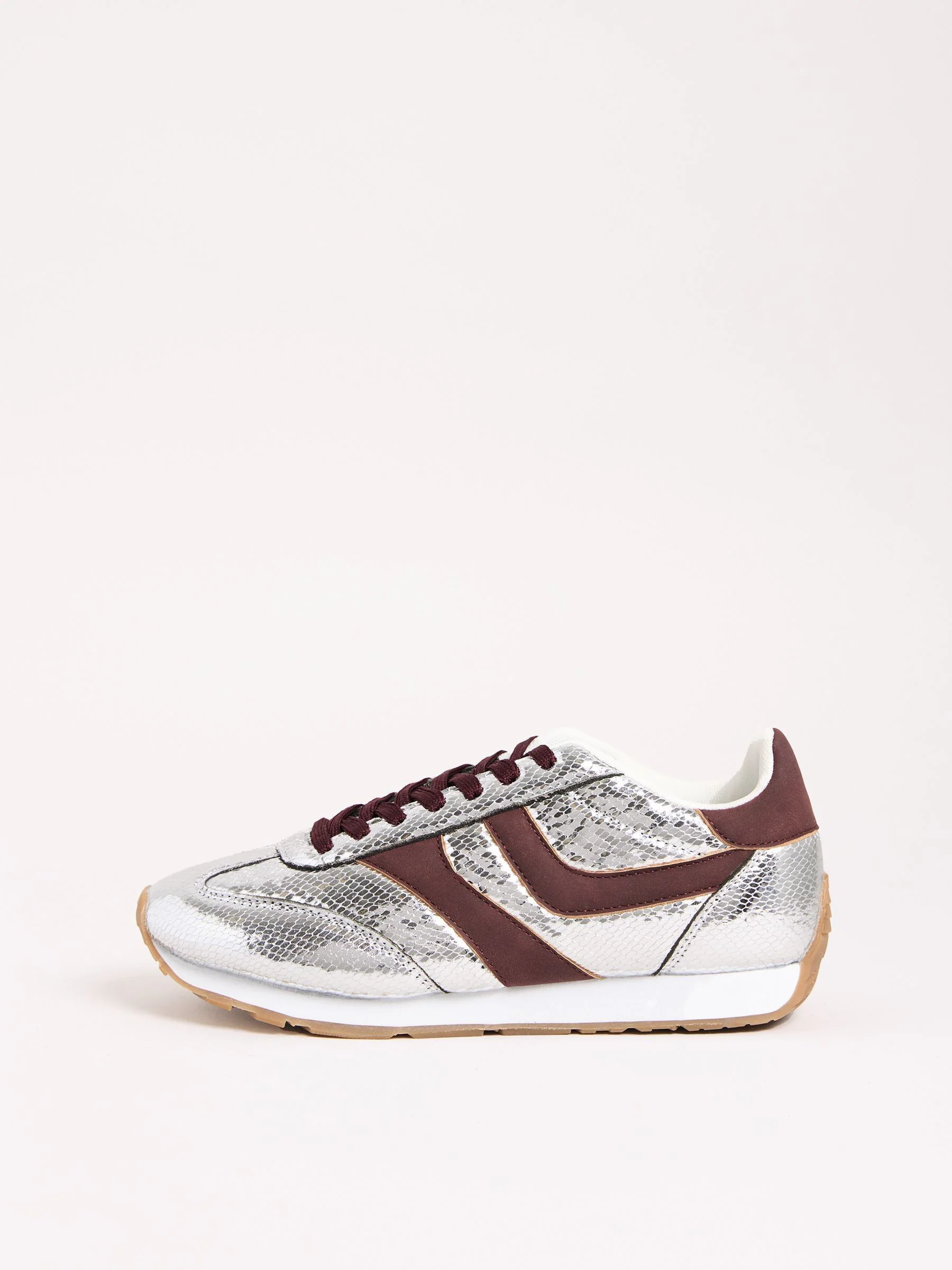 Silver Burgundy - Friends Like These Fabric Mix Slim Runner Lace-Up Retro Gumsole Sports Casual Trainers