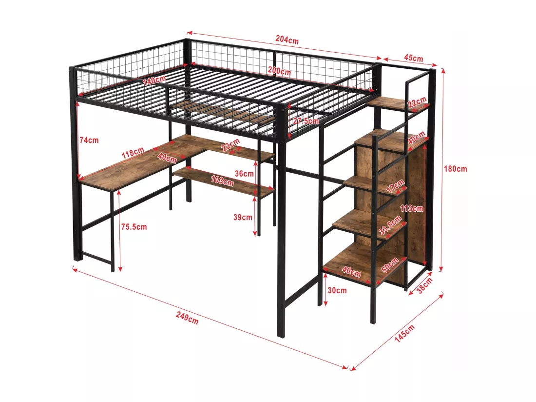 Lit mezzanine 140 x 200 cm avec bureau, étagères et armoire - Métal + MDF - Sommier à lattes - noir + marron