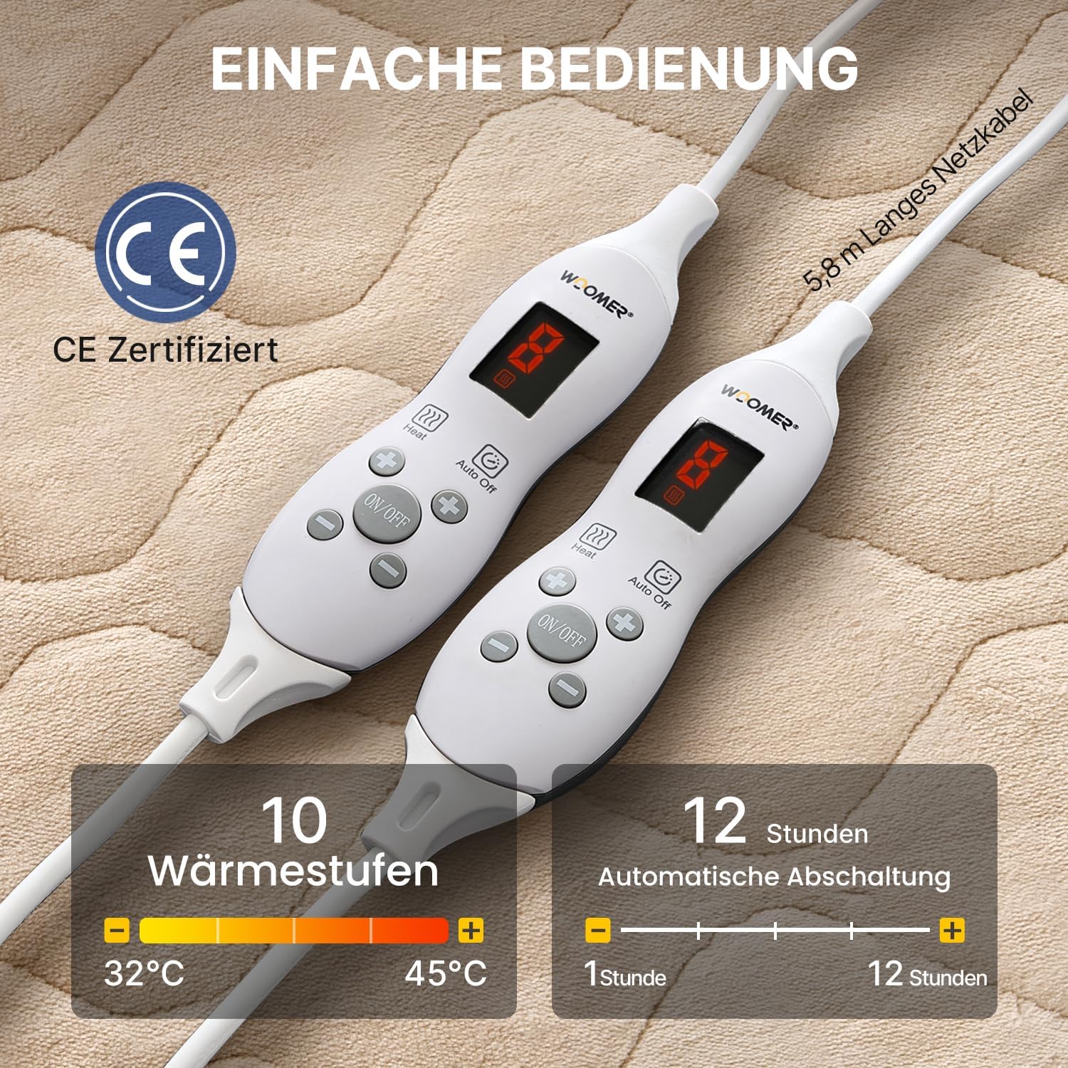 WOOMER Elektrische Wärmeunterbett mit Abschaltautomatik,200GSM/Samt Heizdecke mit 12h-Timer, 10-Stufen, Überhitzungsschutz, 5,8m Kabel, Für Matratzen bis 45cm / Waschbar/Hellbraun/135×190cm